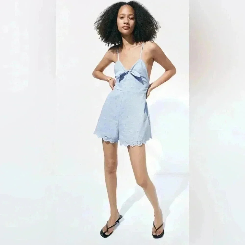 Zara Blue Eyelet Tie Front Romper Shorts Women's Size M